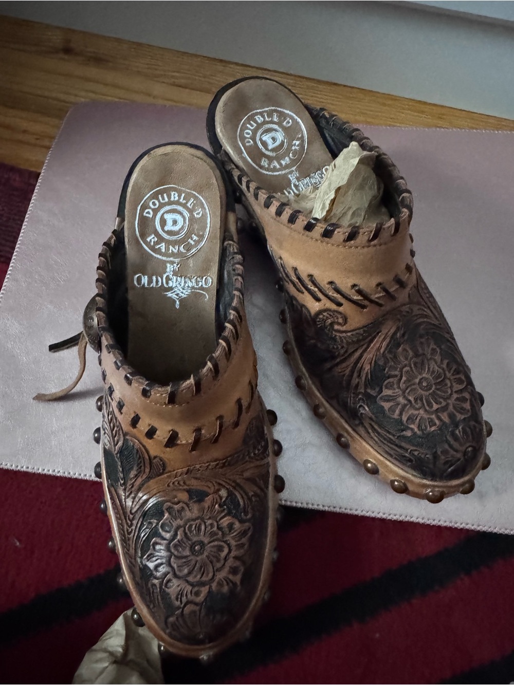Double D Ranch Brown Tooled Leather Slip-On Clogs